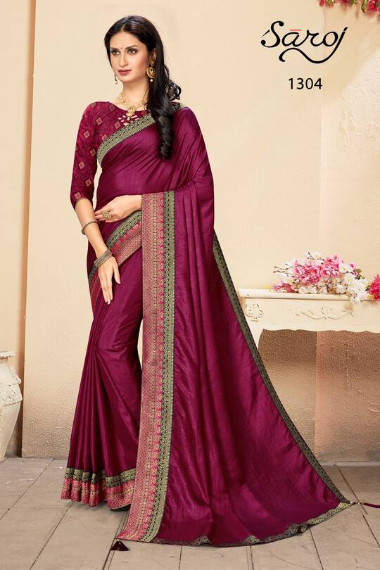 Saroj Pink Rose Traditional Party Wear Vichitra Silk Designer Fancy Saree Collection